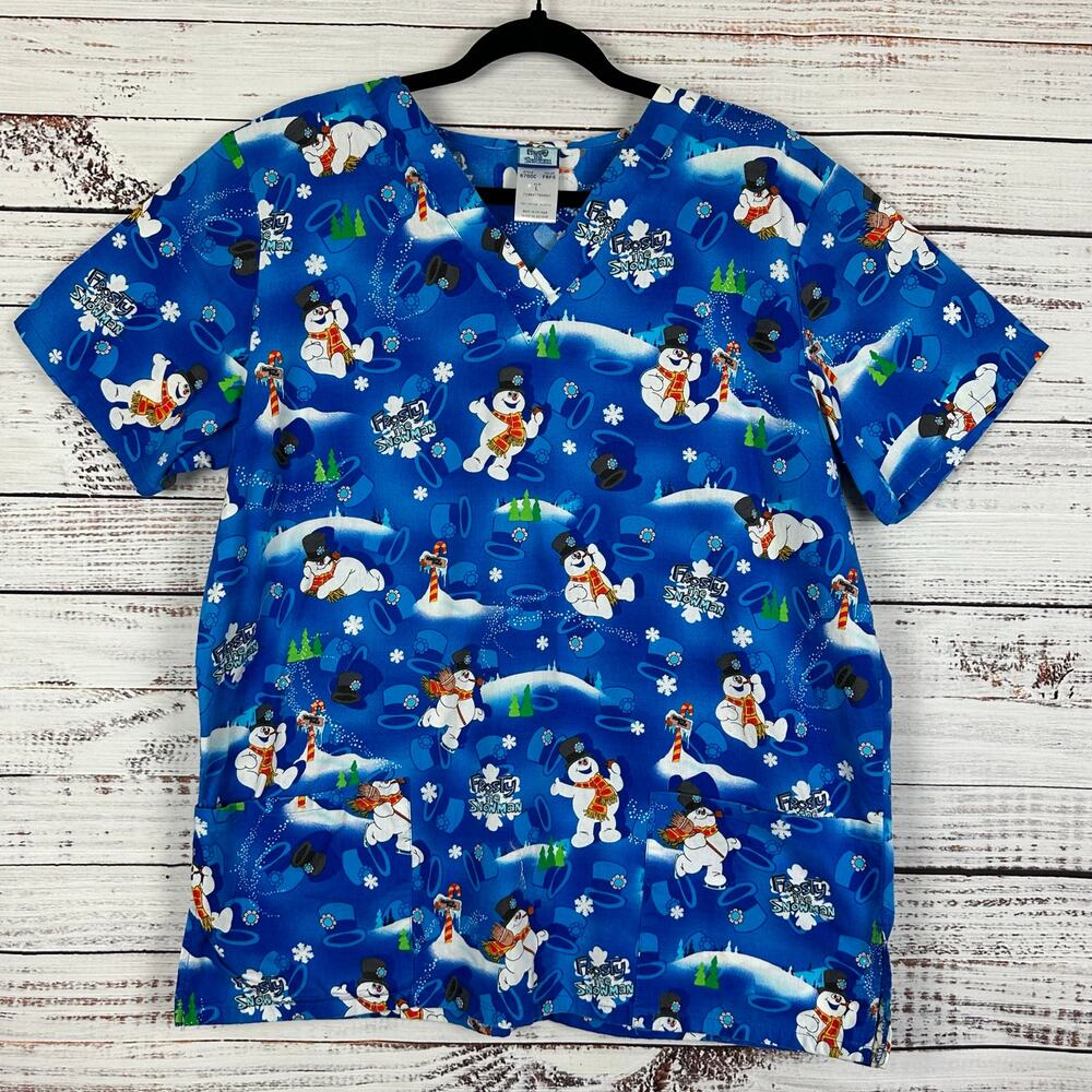Frosty The Snowman Short Sleeve Scrub Top Blue Christmas All Over Print Womens L